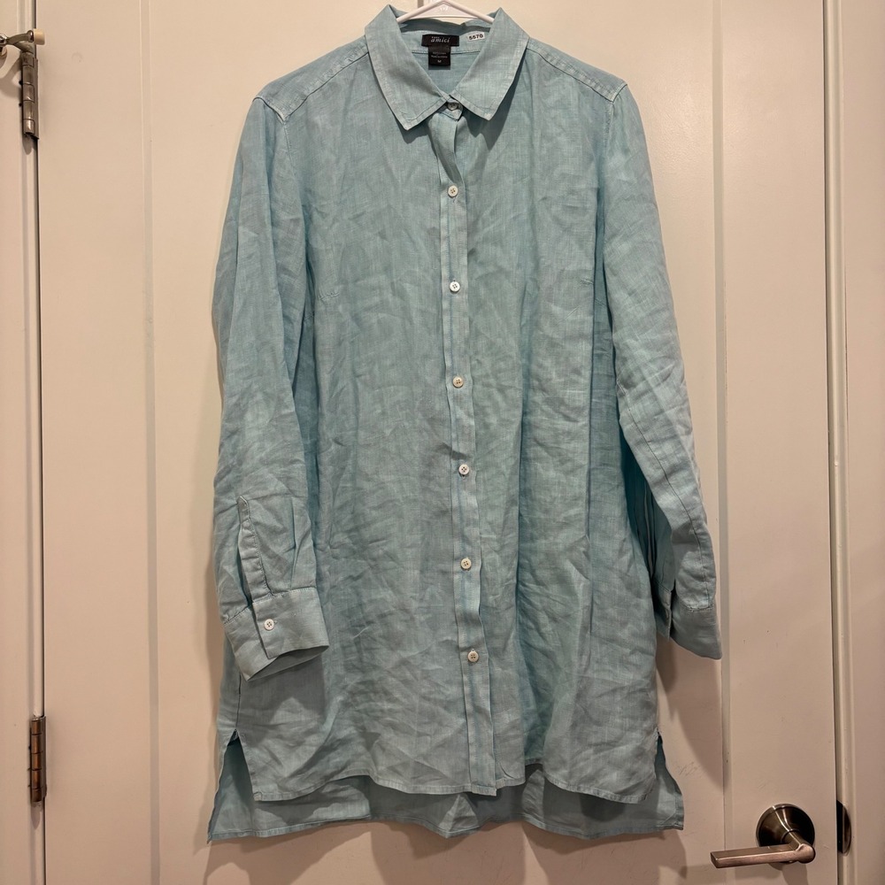 Pure Amici Womens Medium Light Blue Linen Long Sleeve Button Down Tunic Shirt